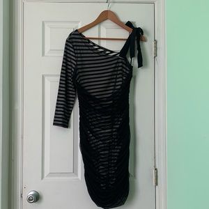 BCBGMaxAzria mesh overlay and side ruched dress.